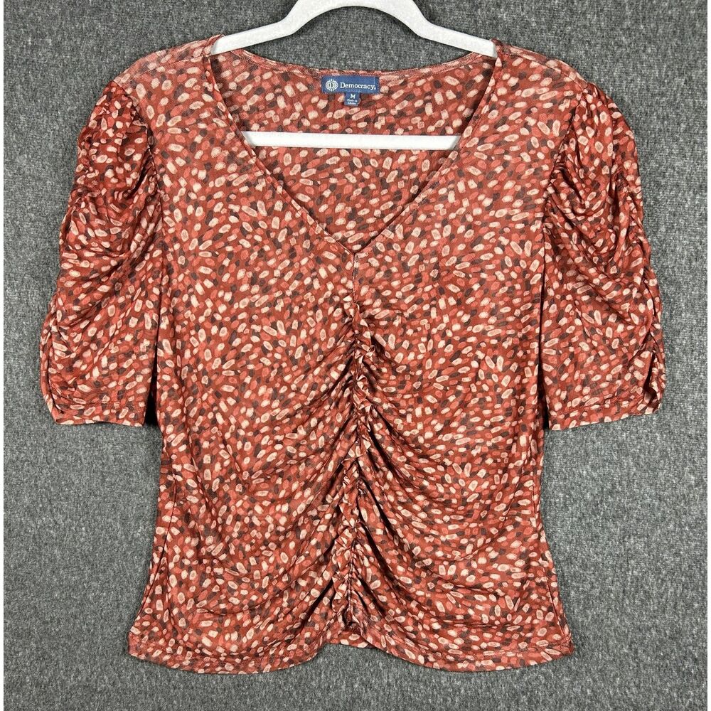 Democracy V-Neck Ruched Front Mesh Top - Size M